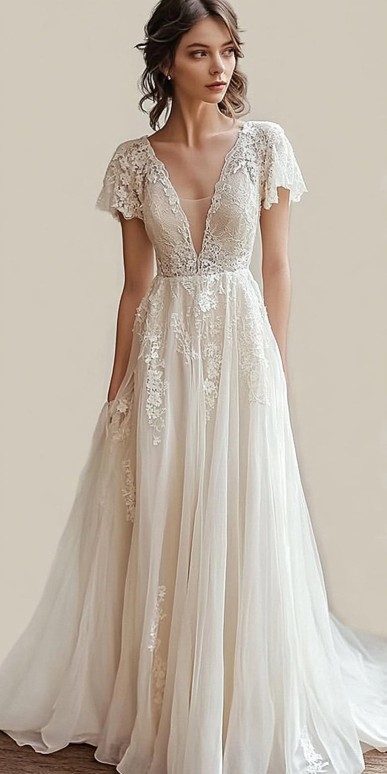 Cap Sleeved Wedding Dress With Champagne Lining