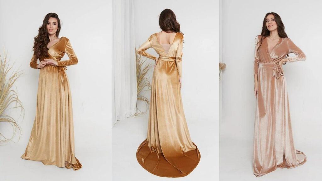 Gold Velvet Long Wrap Dress