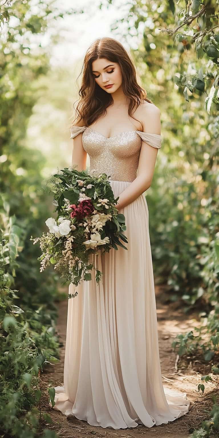 Gorgeous Cascading Champagne Wedding Dress