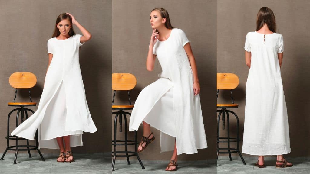 White Linen Maxi Dress with Short Sleeves