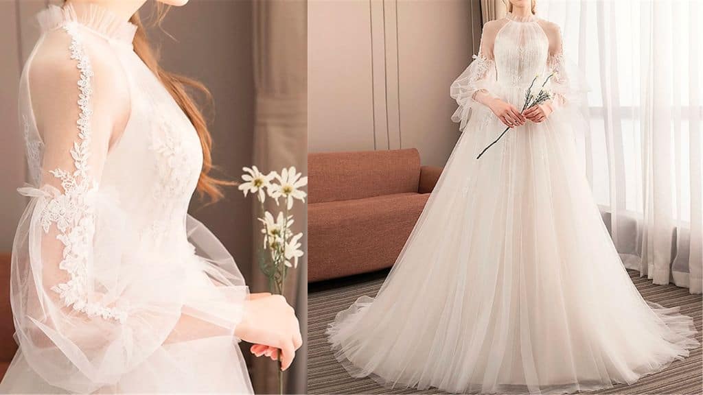Light Champagne Vintage High-Neck Wedding Dress