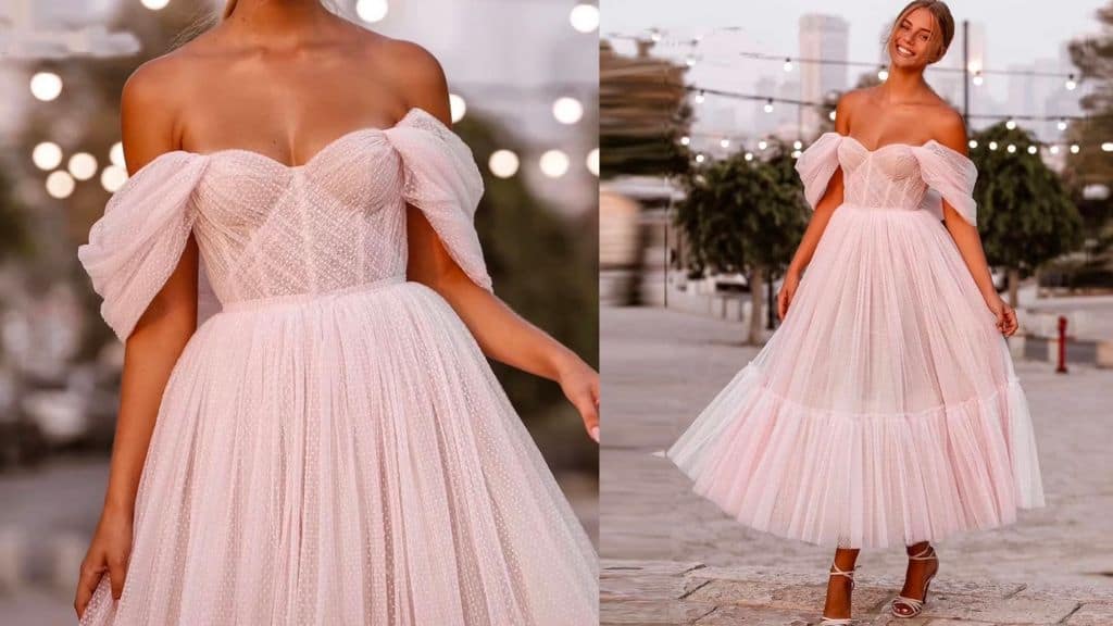 Soft Pink Off-Shoulder Midi Gown