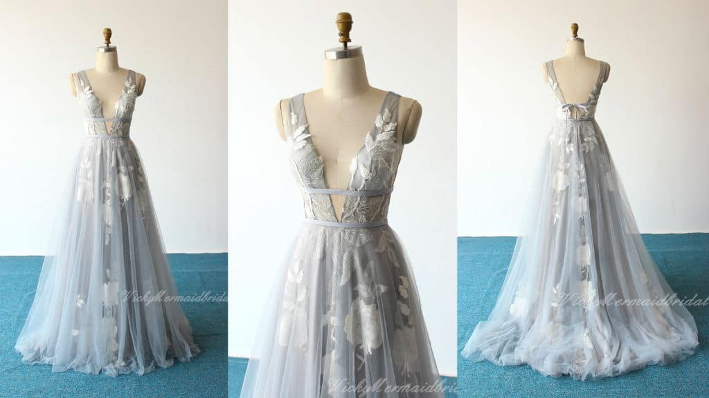 Dusty Blue A-Line Tulle Wedding Dress