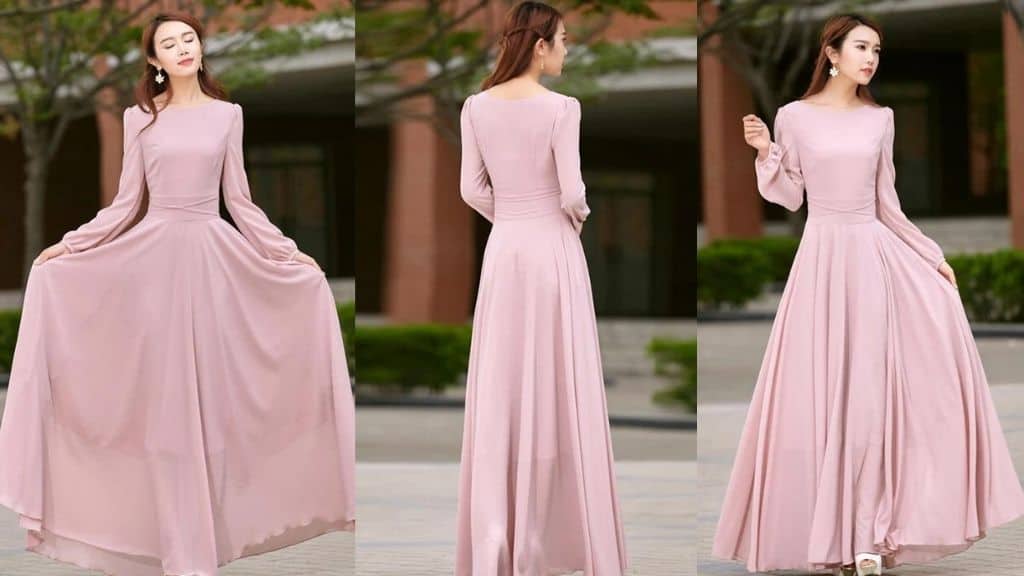 Pink Chiffon Boho Long Sleeve Bridesmaid Dress