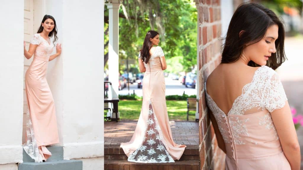 Pink Satin Pearl Lace Wedding Dress