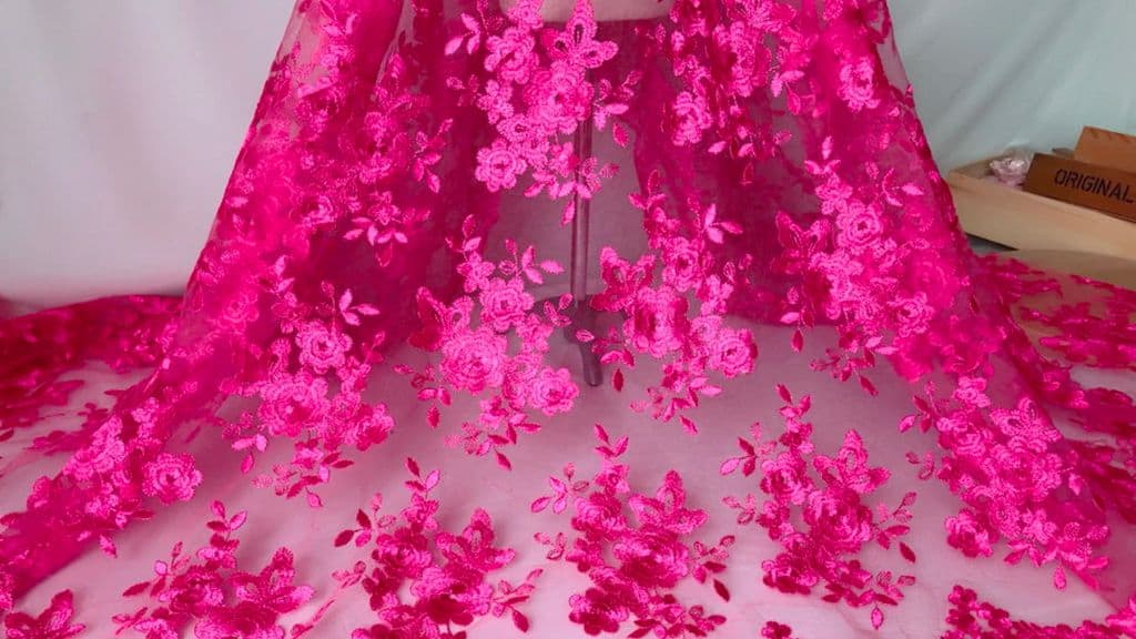 Hot Pink Floral Embroidery Lace Fabric