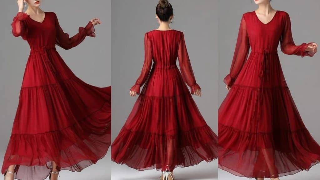 Red V-Neck Chiffon Tie Waist Maxi Dress