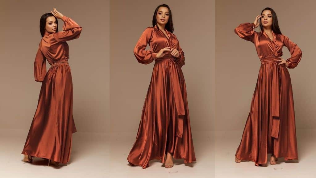 Rust Toned Terra Cotta Satin Wrap Dress