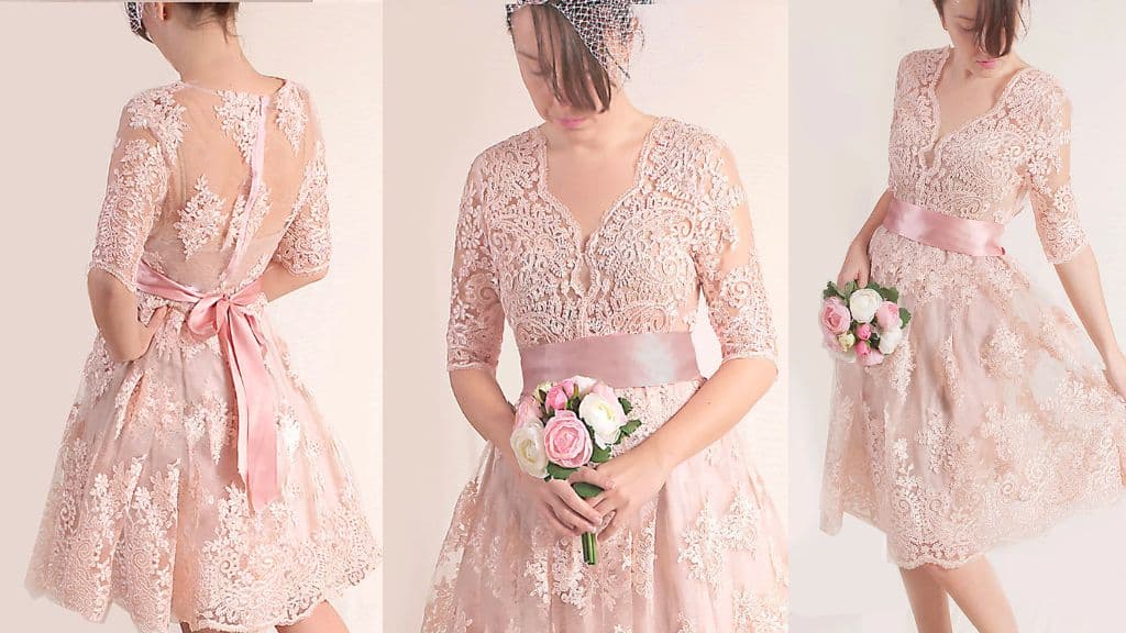 Blush Pink Lace Short Wedding Dress