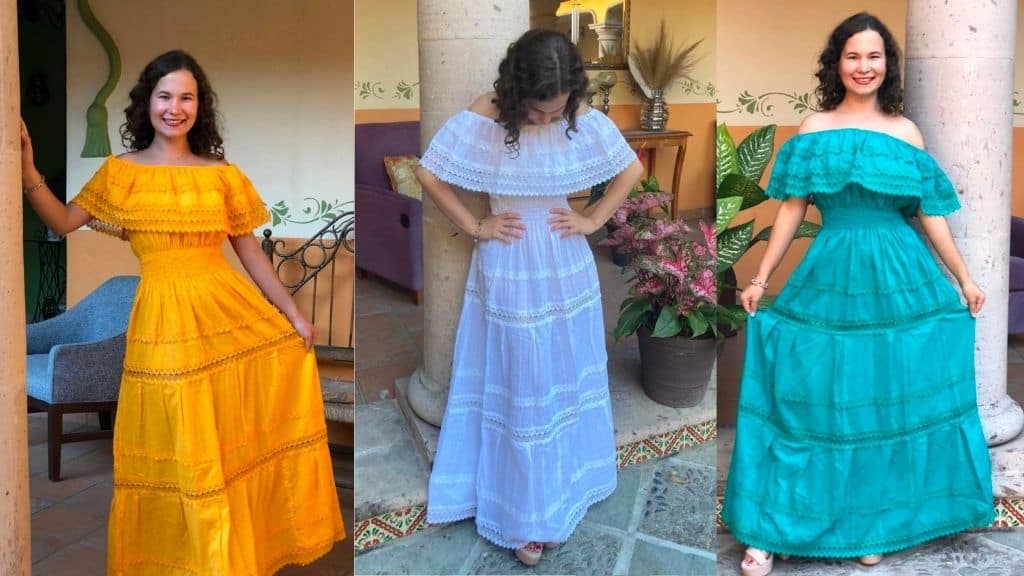 Traditional Mexican Long Dress with Lace Waist