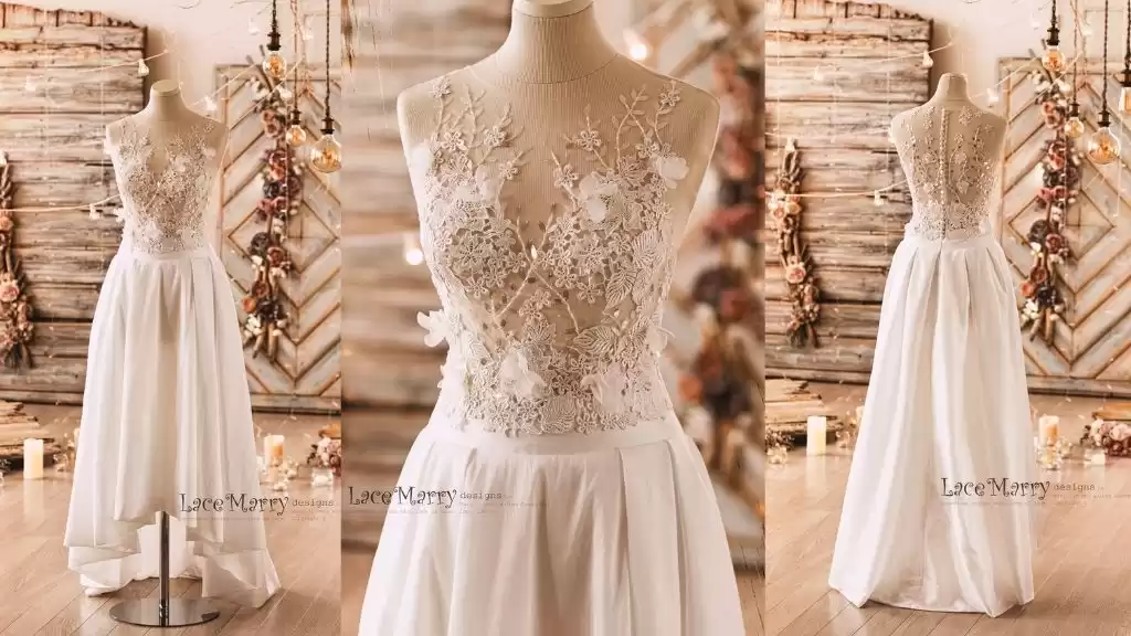 Bridal Separates,Crop Top Wedding Dresses,Two Piece Bridal  Dresses-DollyGown.com
