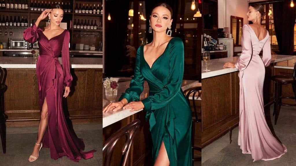 Long Sleeve Satin Wrap Bridesmaids Dress