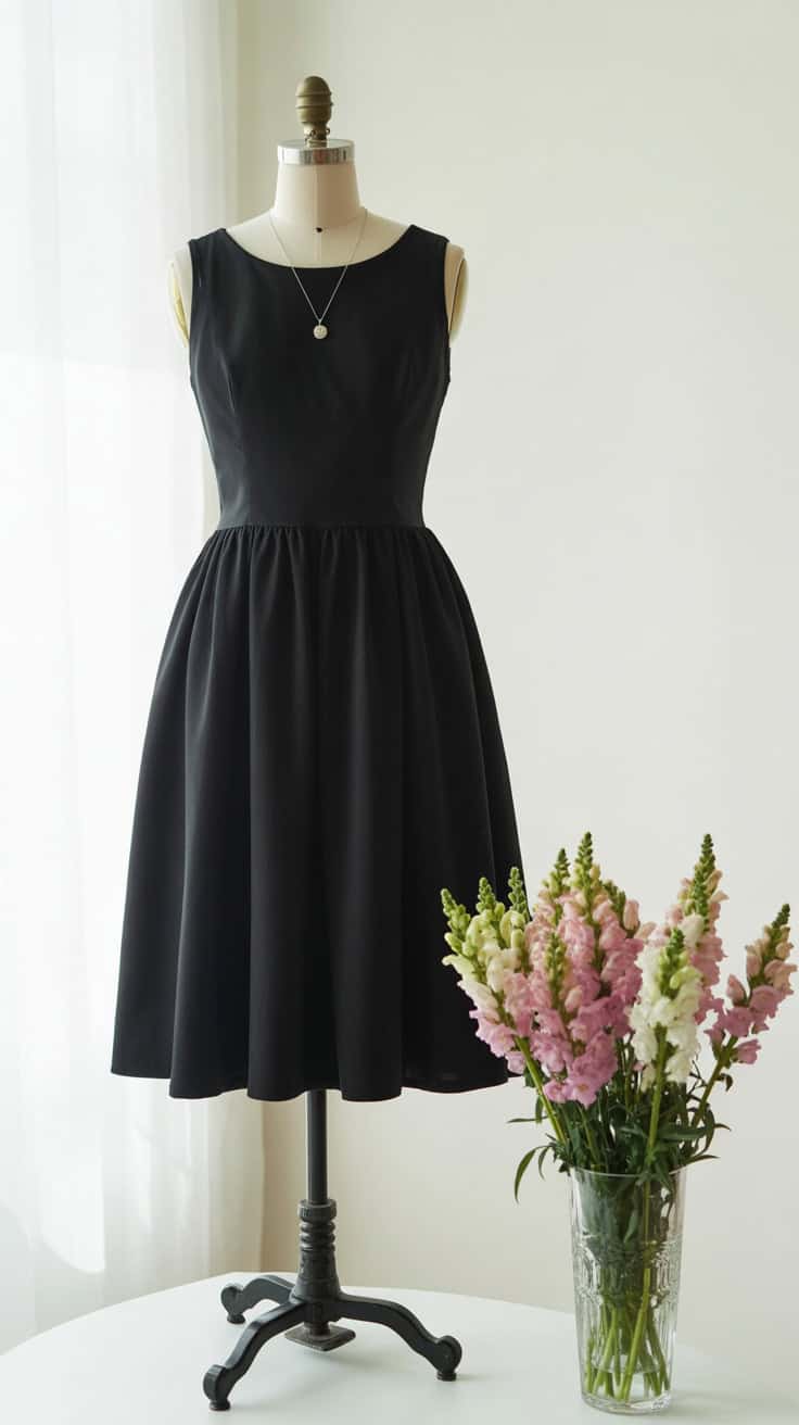 a black sleeveless dress displayed on a nyYPy