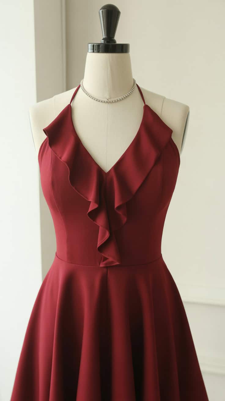 a burgundy red cocktail dress displayed