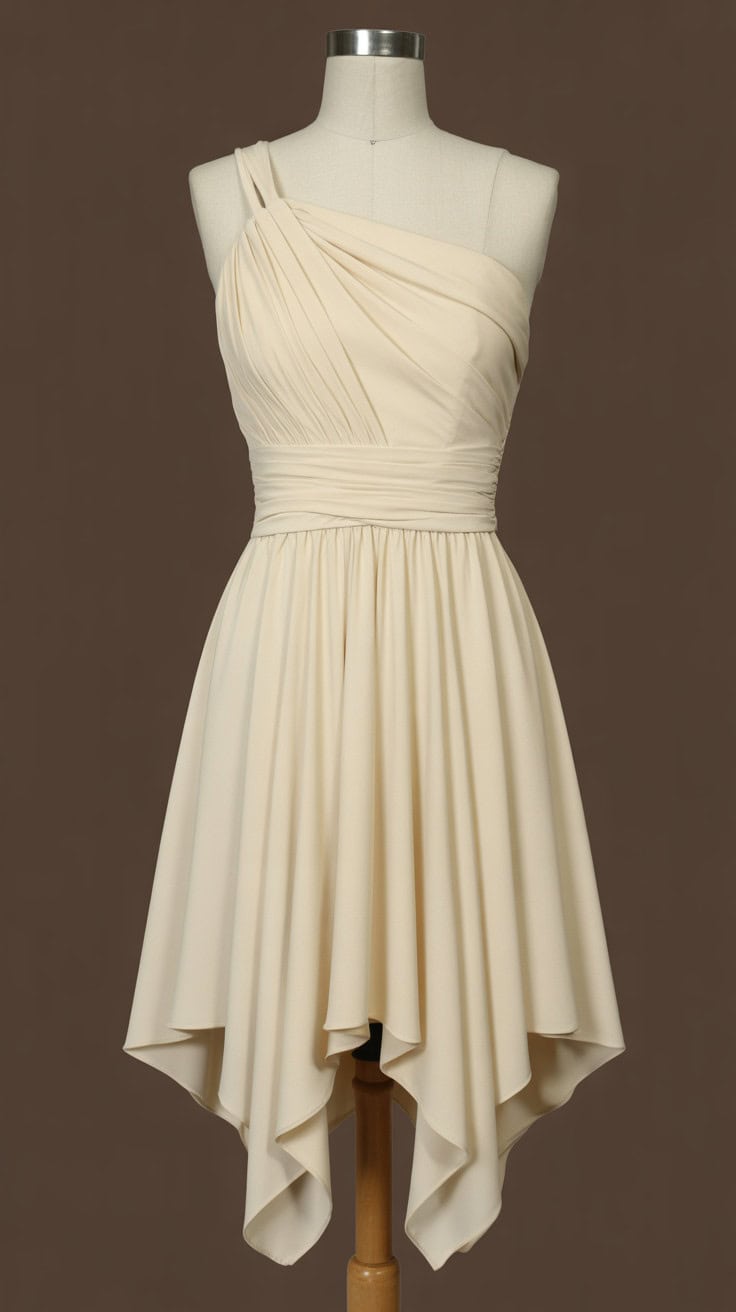a cream colored one shoulder cocktail