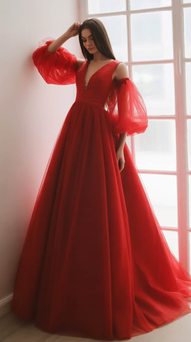 a full length red ball gown photographed