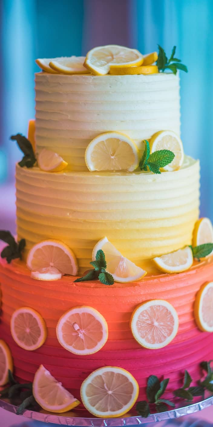 a photo of a wedding cake with a lemon o Mtne