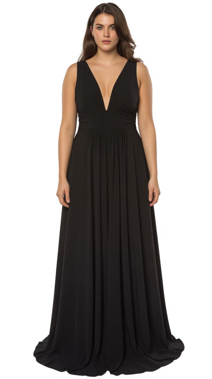 a product photo of a long black formal