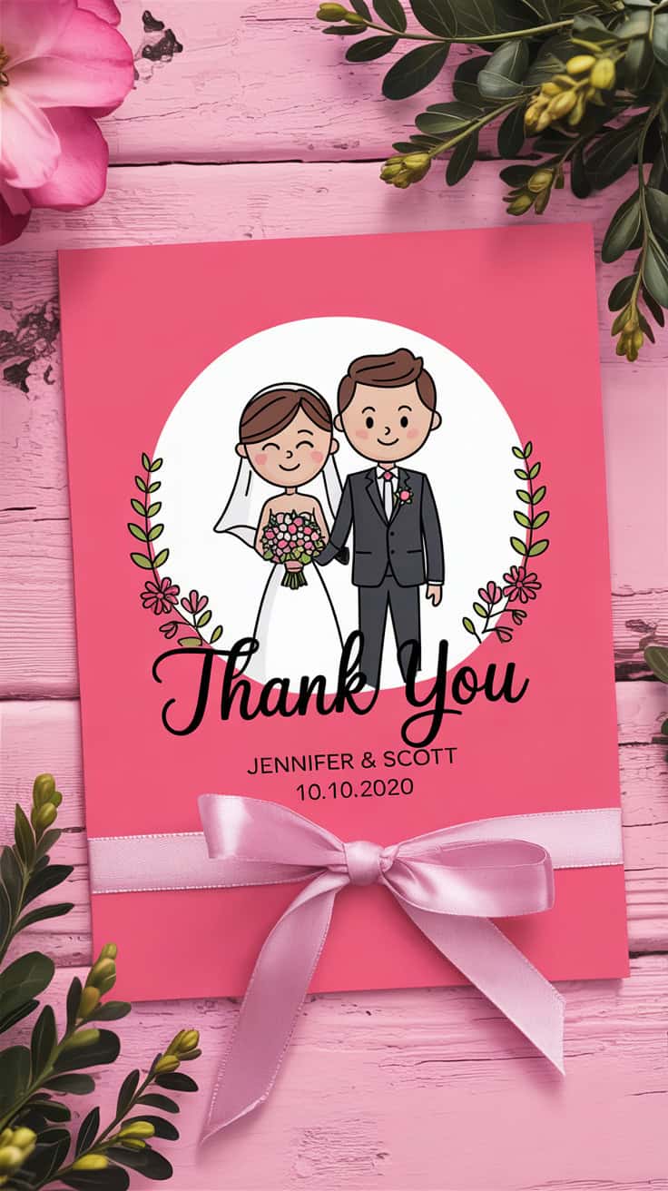 a wedding thank you card on a pink