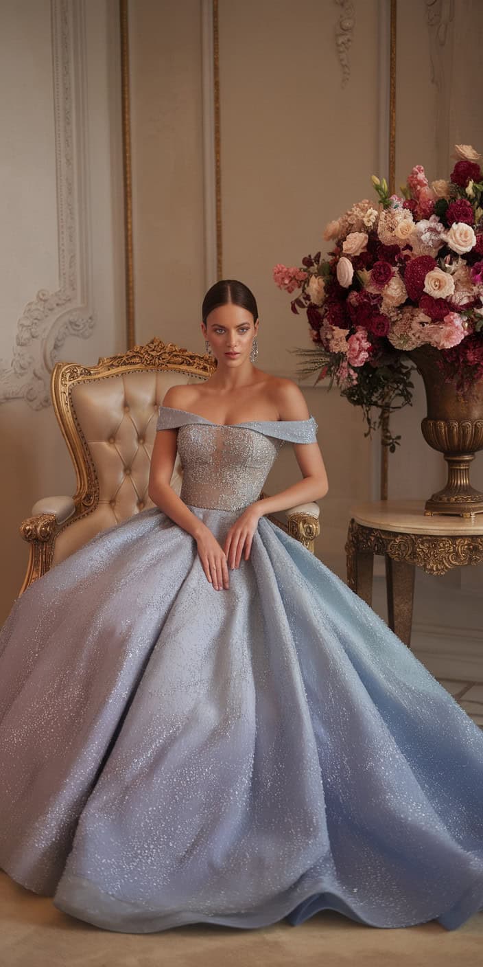 a woman dressed in an opulent gown that