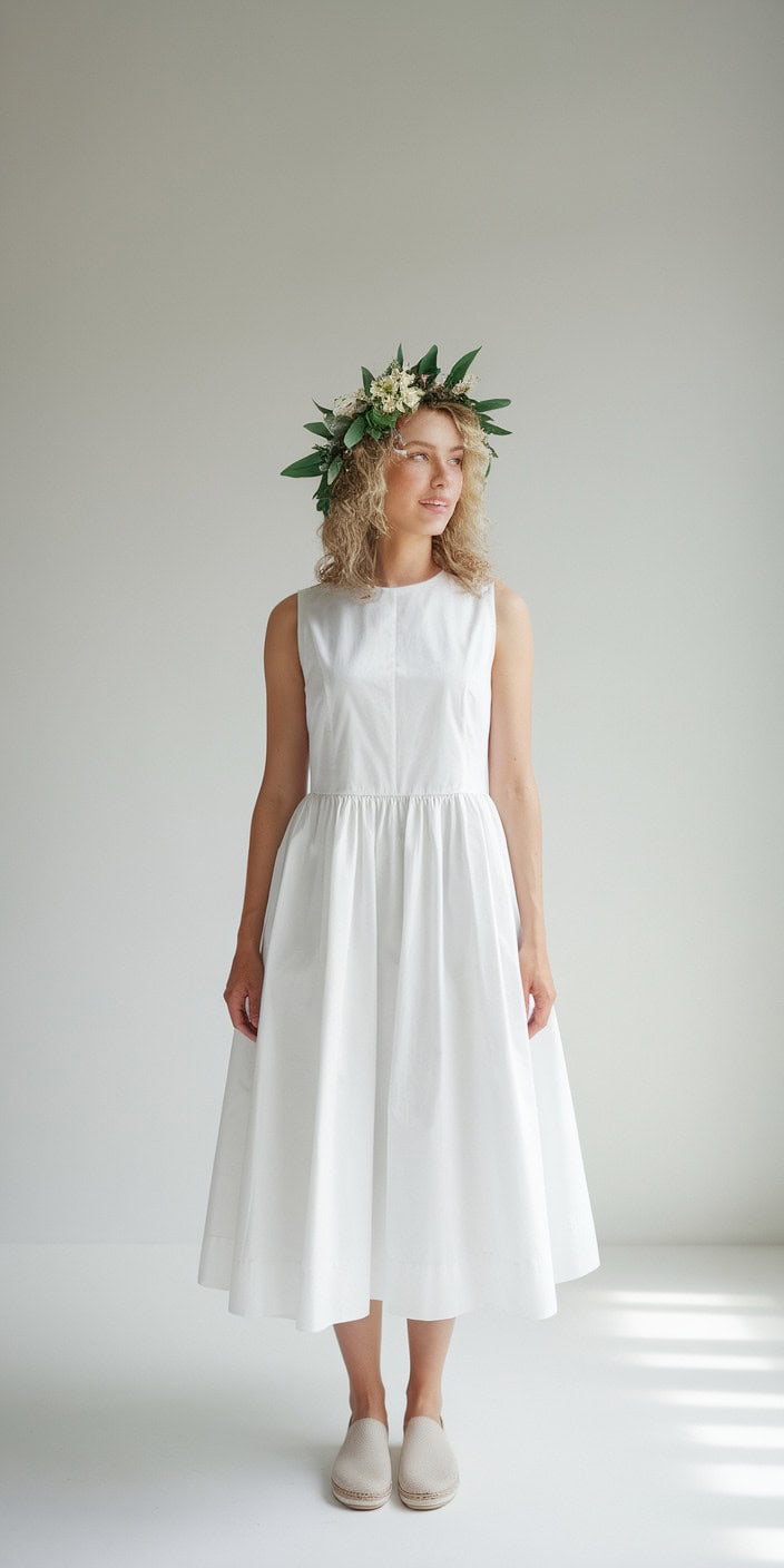 a woman standing against a plain white