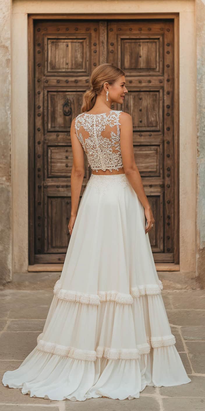 a woman viewed from the back wearing a t goyDQCyeTt