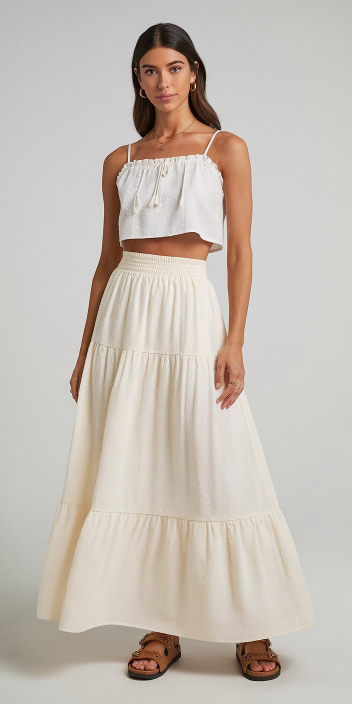 a woman wearing a two piece outfit the