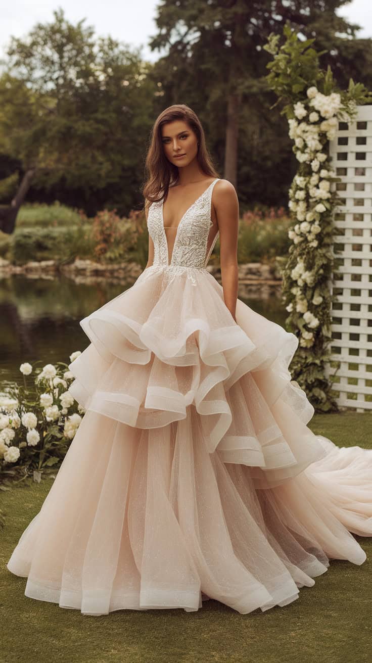 a woman wearing a voluminous layered wed aU1D8M1NTbyLXy3hIbIcew xGZOXMa6S