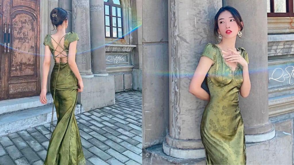 Elegant Green Satin Jacquard Dress