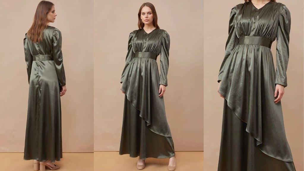 Long Green Satin Dress with Belted Waist