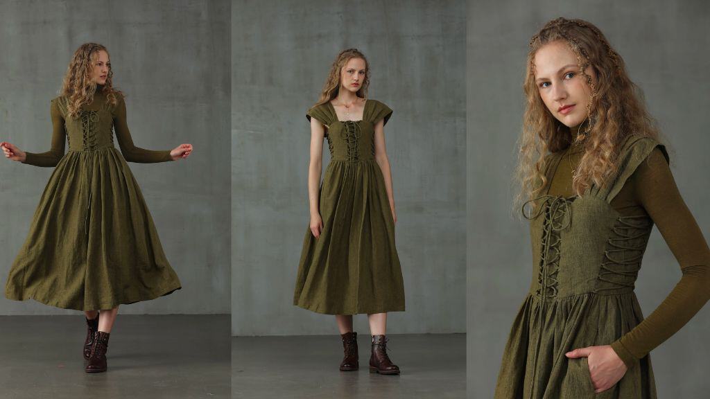Corset Linen Dress in Dark Green