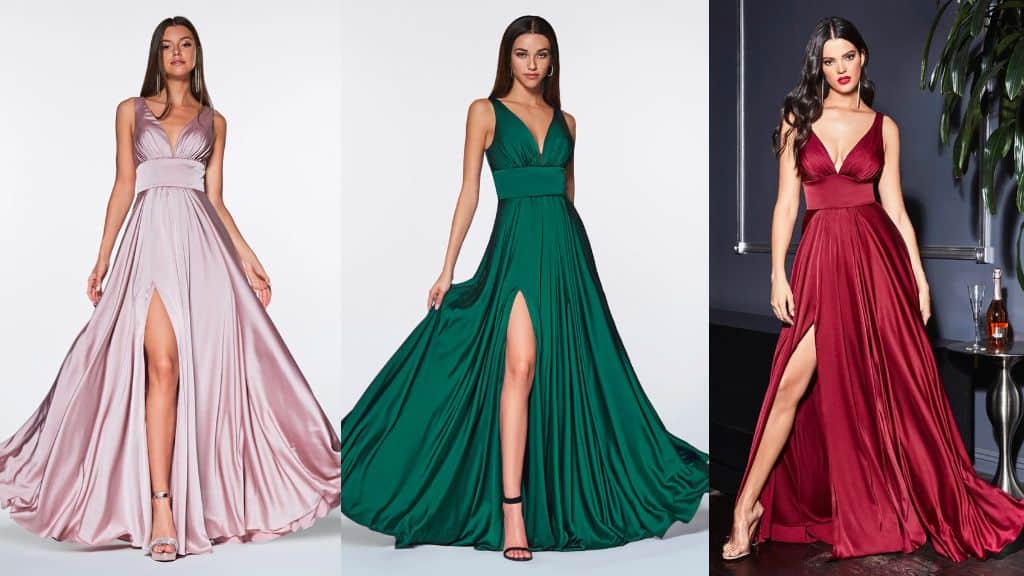Slit Satin Deep V Bridal Gown