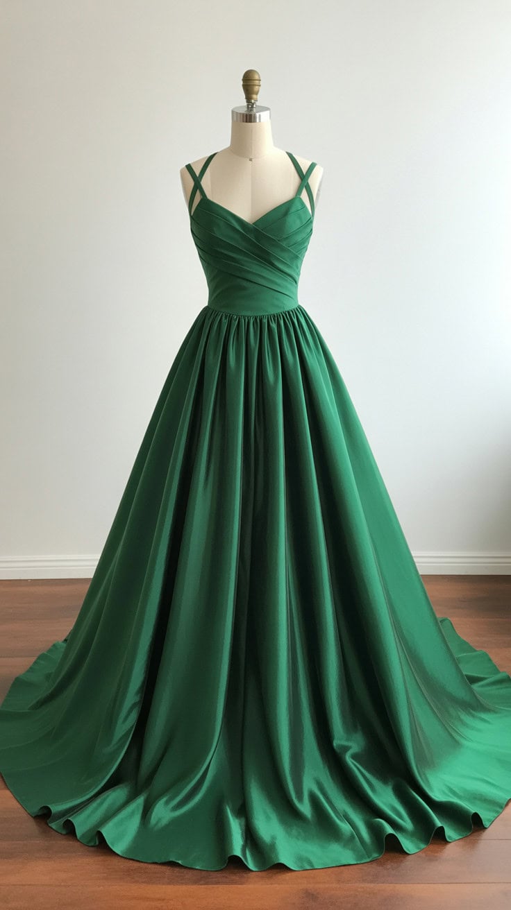 a full length emerald green formal ball