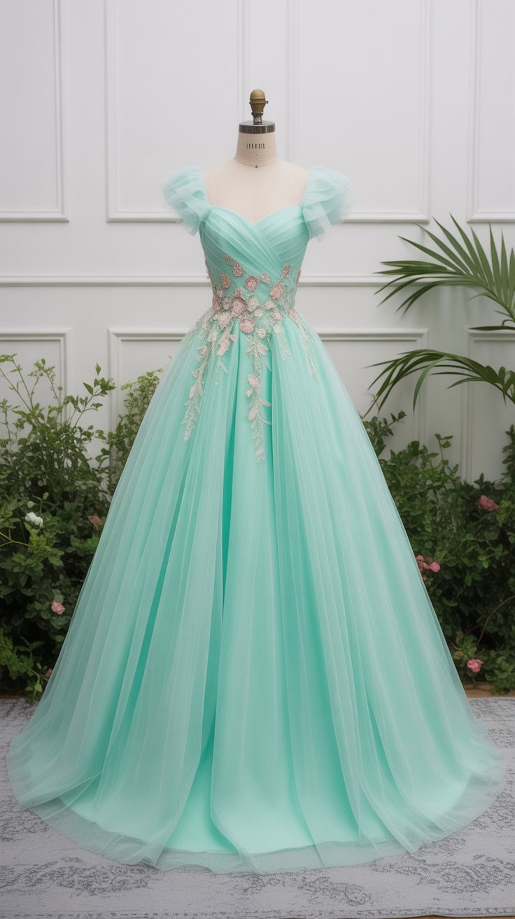 a mint green ball gown displayed on a wh eHhY42yhRgeuAaElDmd2ZA EkqCXFFmSGiNcN38wOEPtg