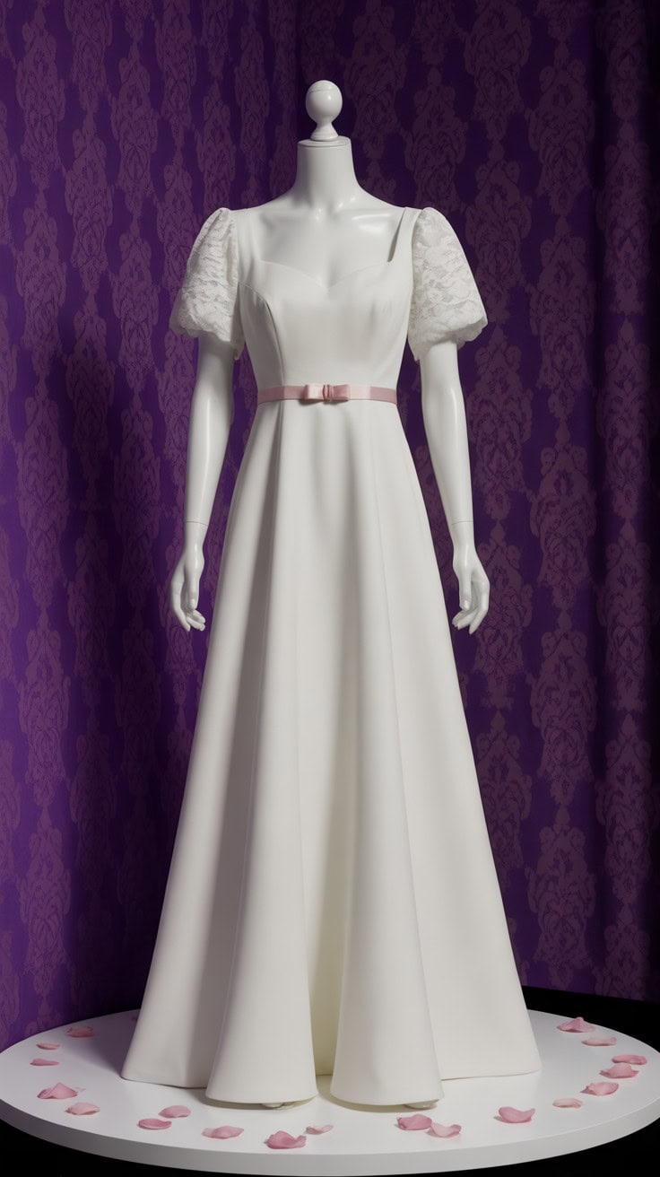 a white wedding dress displayed on a