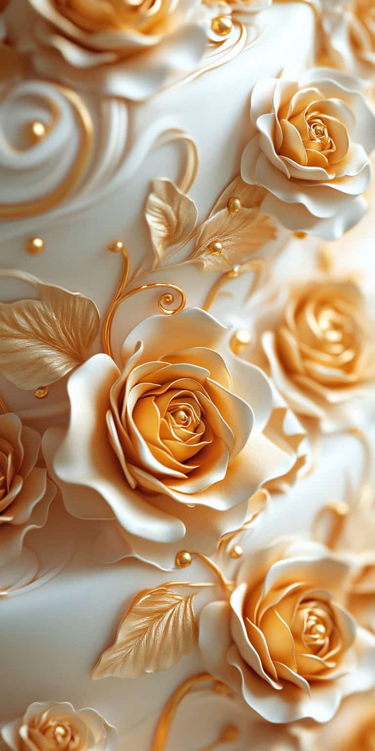 Gold Pearl Sugar Roses for a Wedding Cake With Swirls
