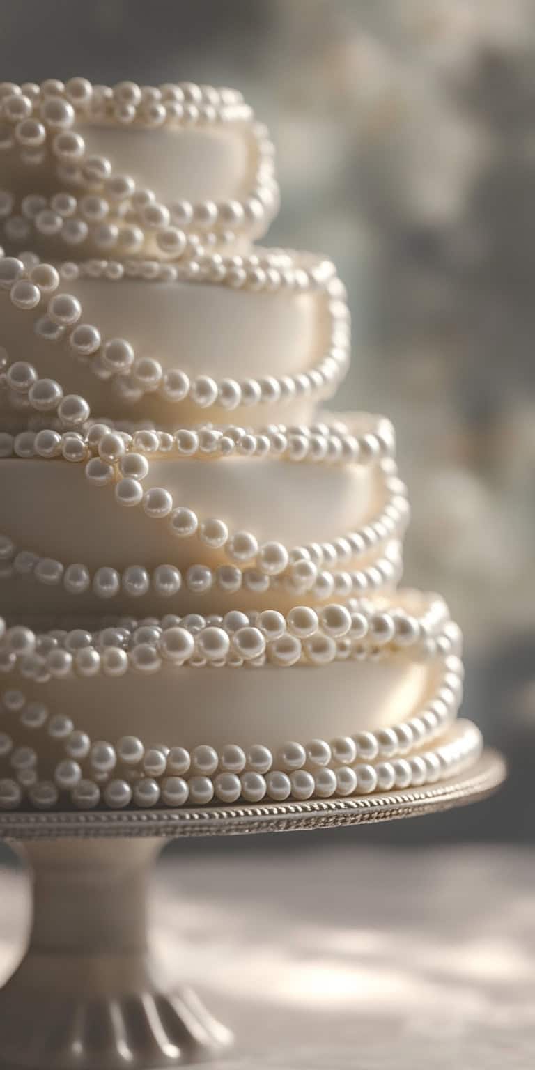 Wedding Cake Stand Adorned With Strands of Pearls