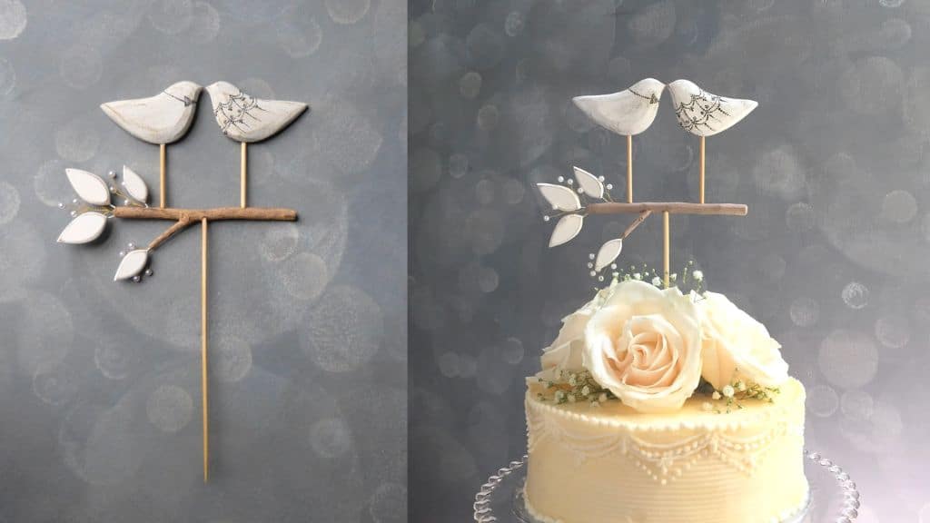 Wooden Heart Love Birds and Pearl Topper