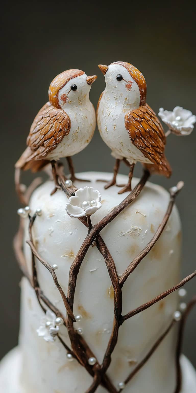Wedding Cake Topper With Love Birds and Pearls