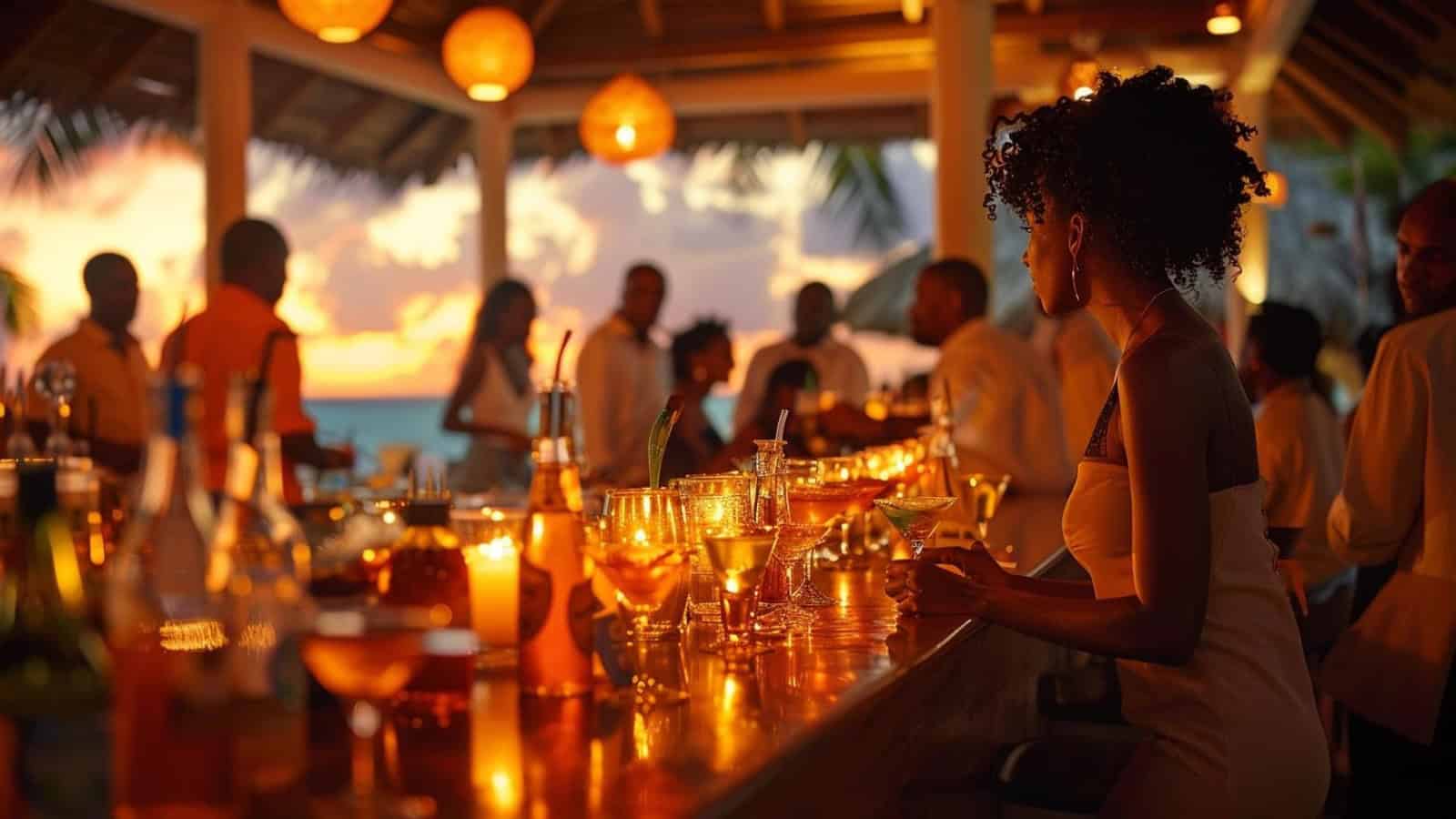 A girl sits at the bar waiting for her cocktail