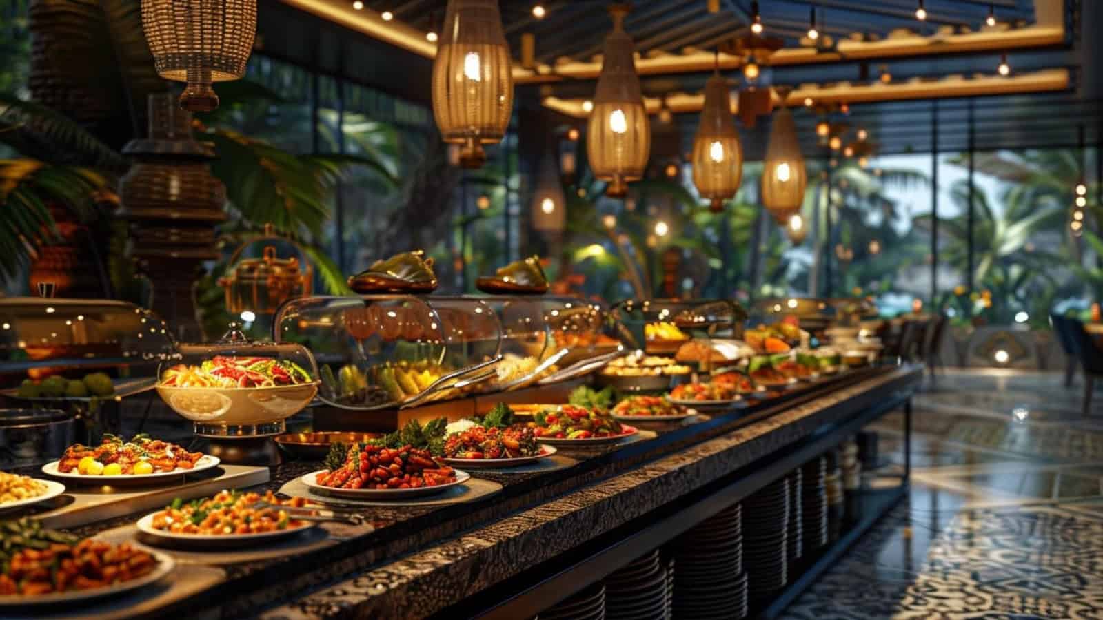 Buffet with various dishes in a restaurant at an all-inclusive hotel