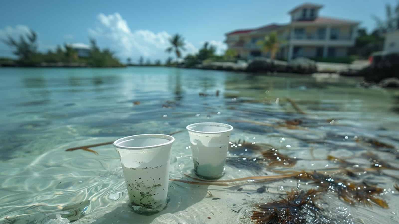 a polluted Bahamas beach near the hotel, there is a lot of algae in the water and a couple of plastic cups