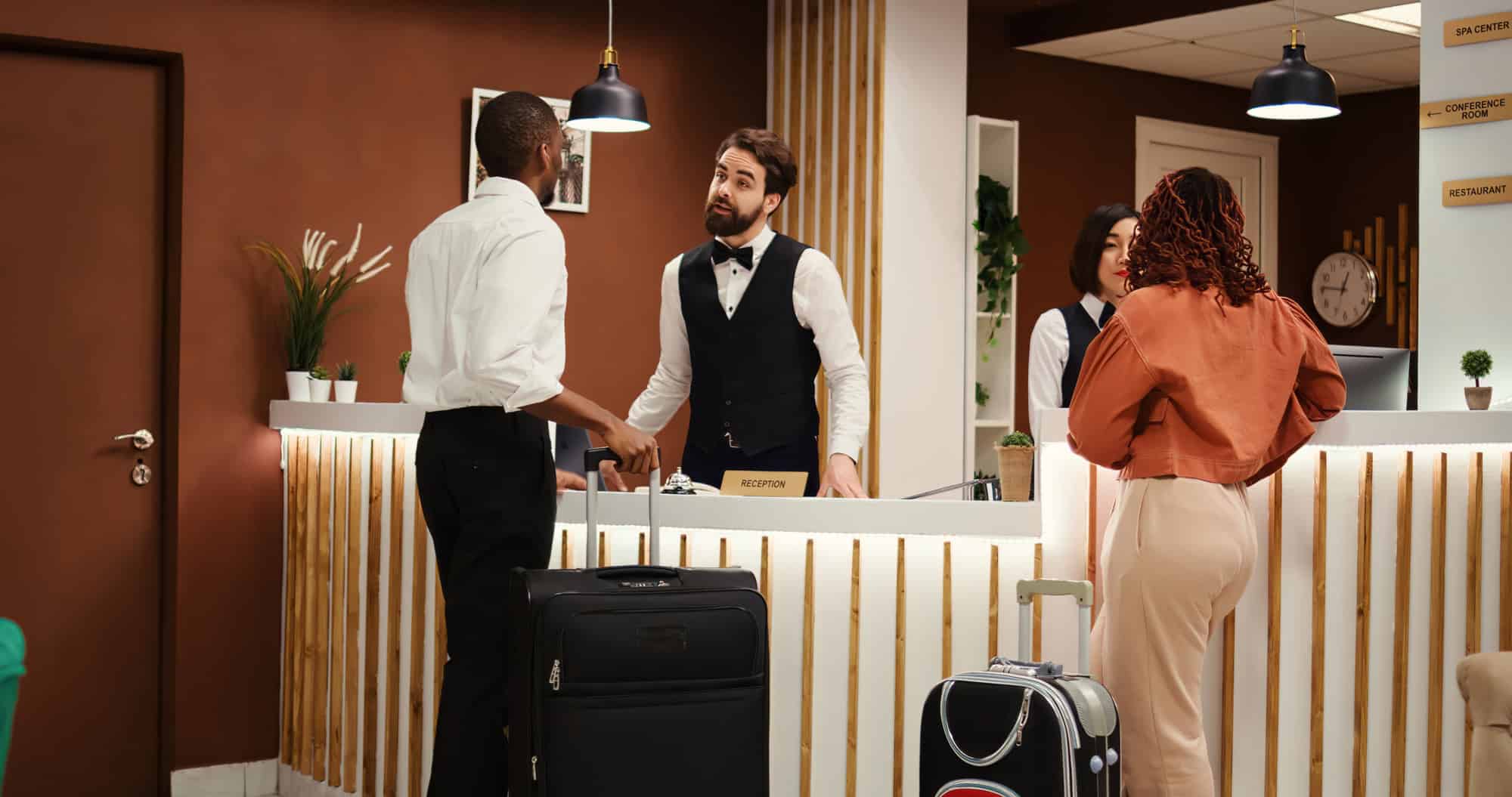 Professional friendly receptionist team greeting guests