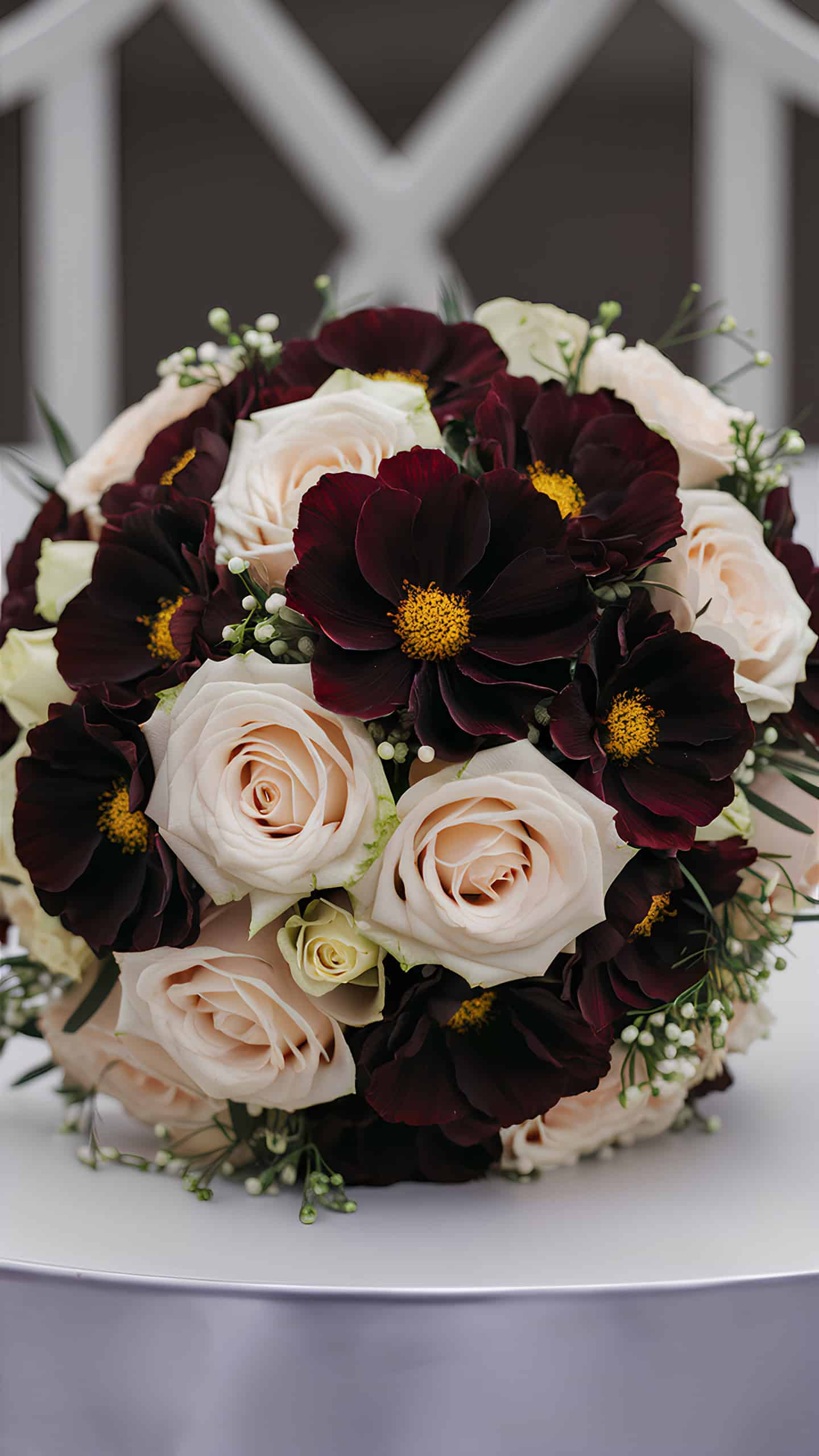Chocolate Cosmos with Cream Roses