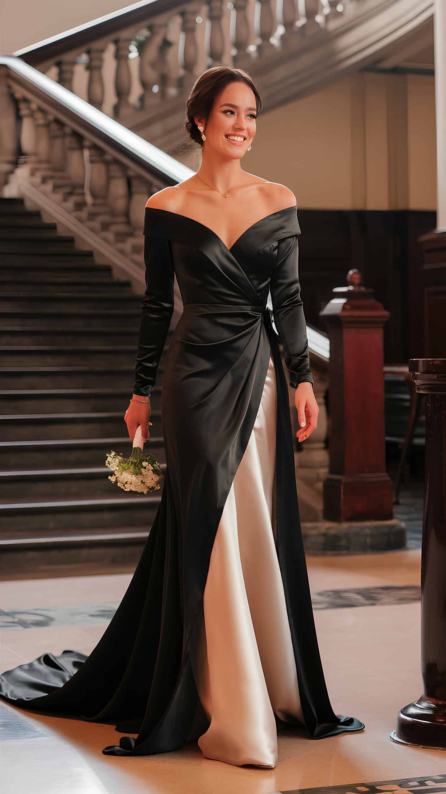 Bride in a Long Sleeve Satin Wrap Dress