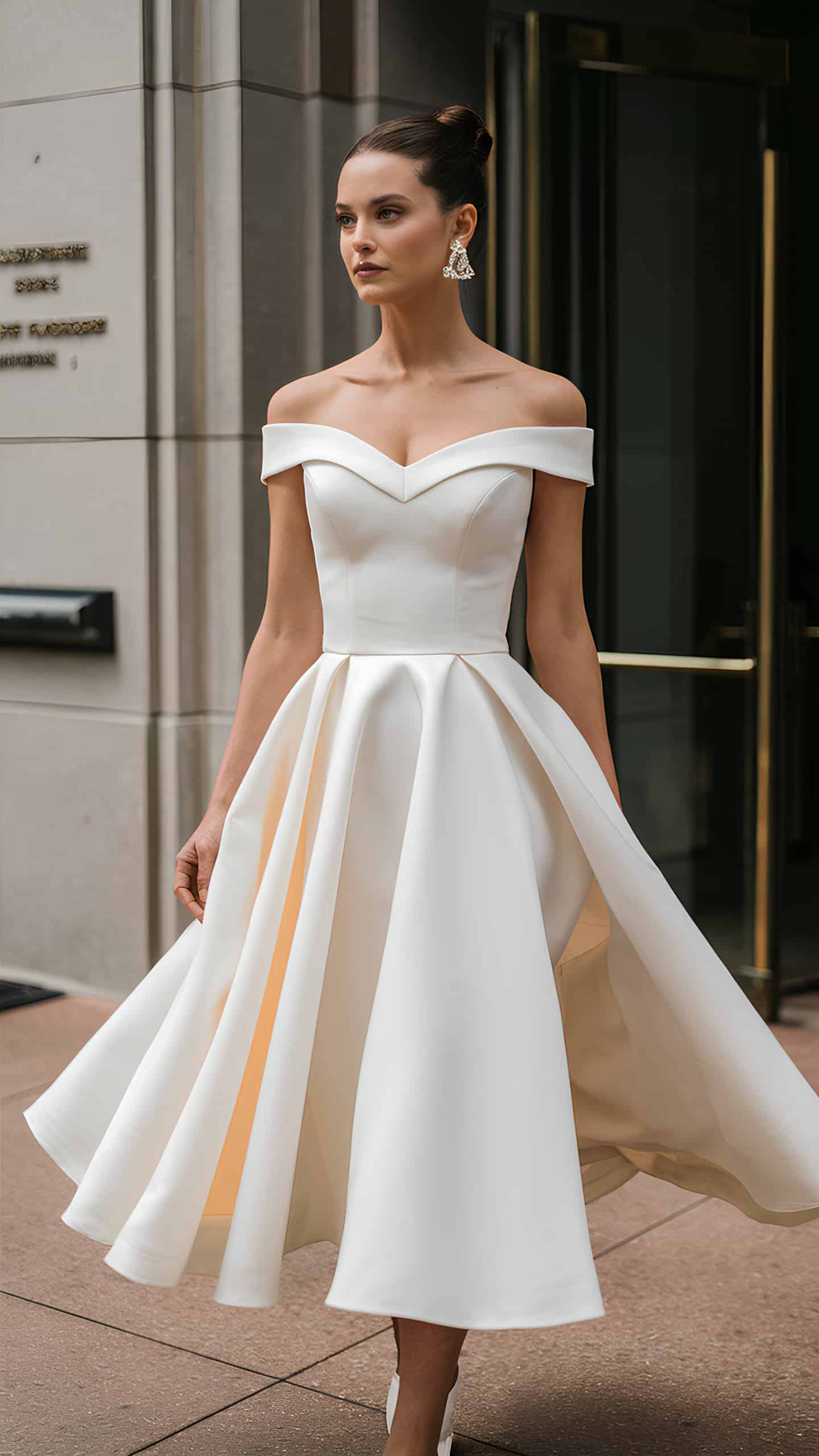 Bride in a Off-Shoulder Tea-Length Dress