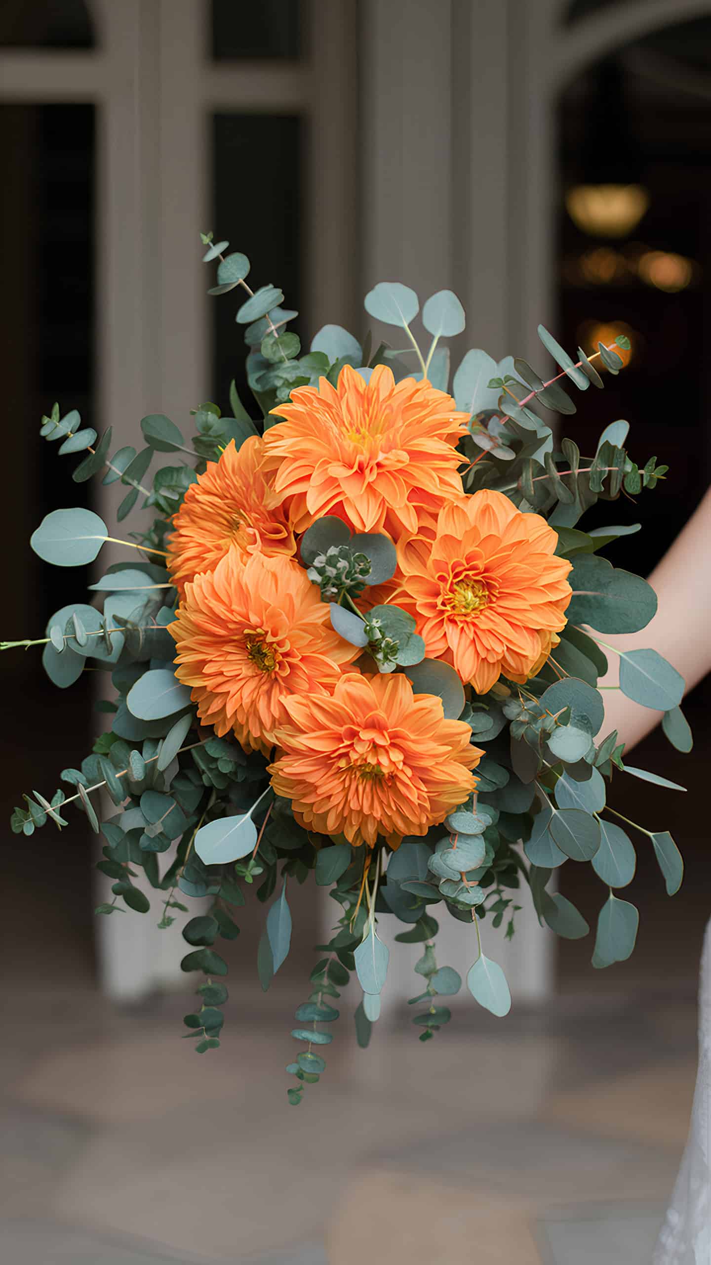 Orange Dahlias with Eucalyptus