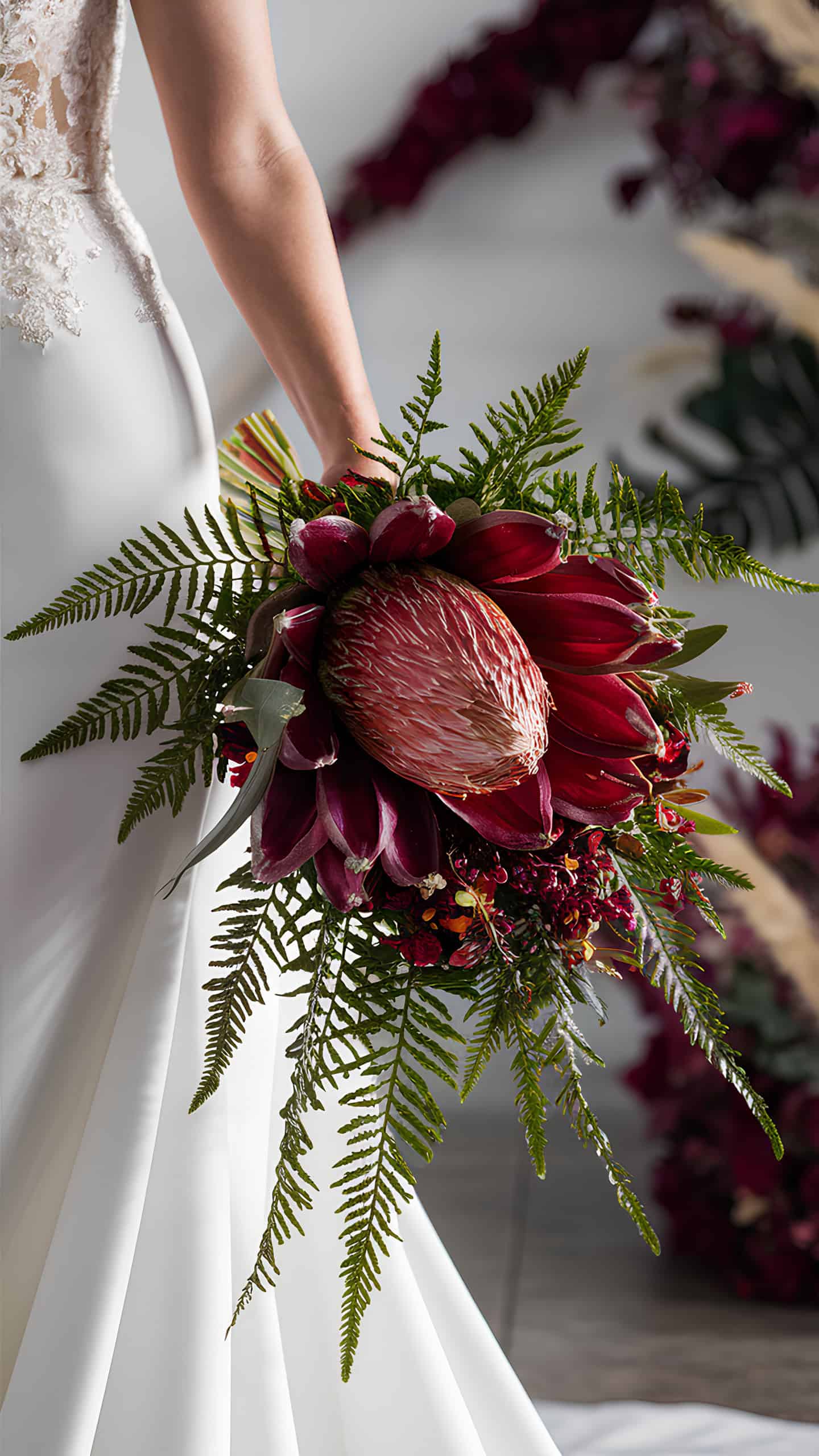 Pomegranate Protea and Fern Spray