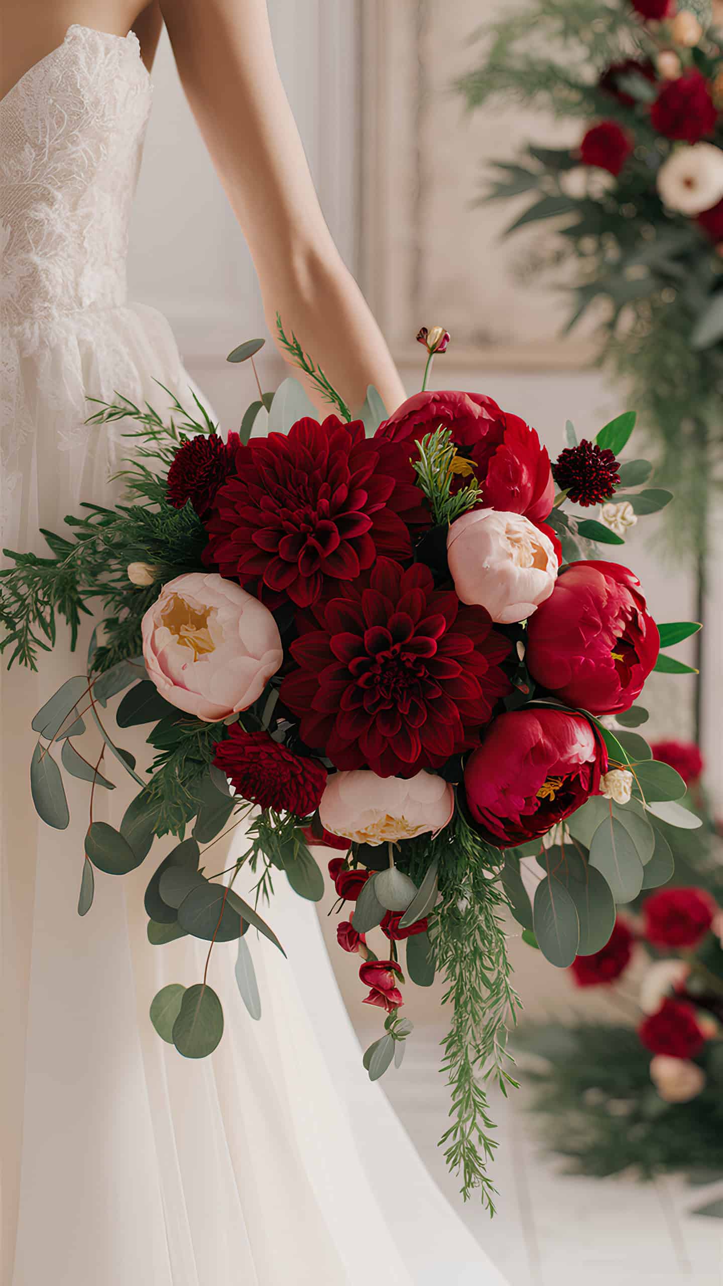 Red Dahlia and Peony Arrangement