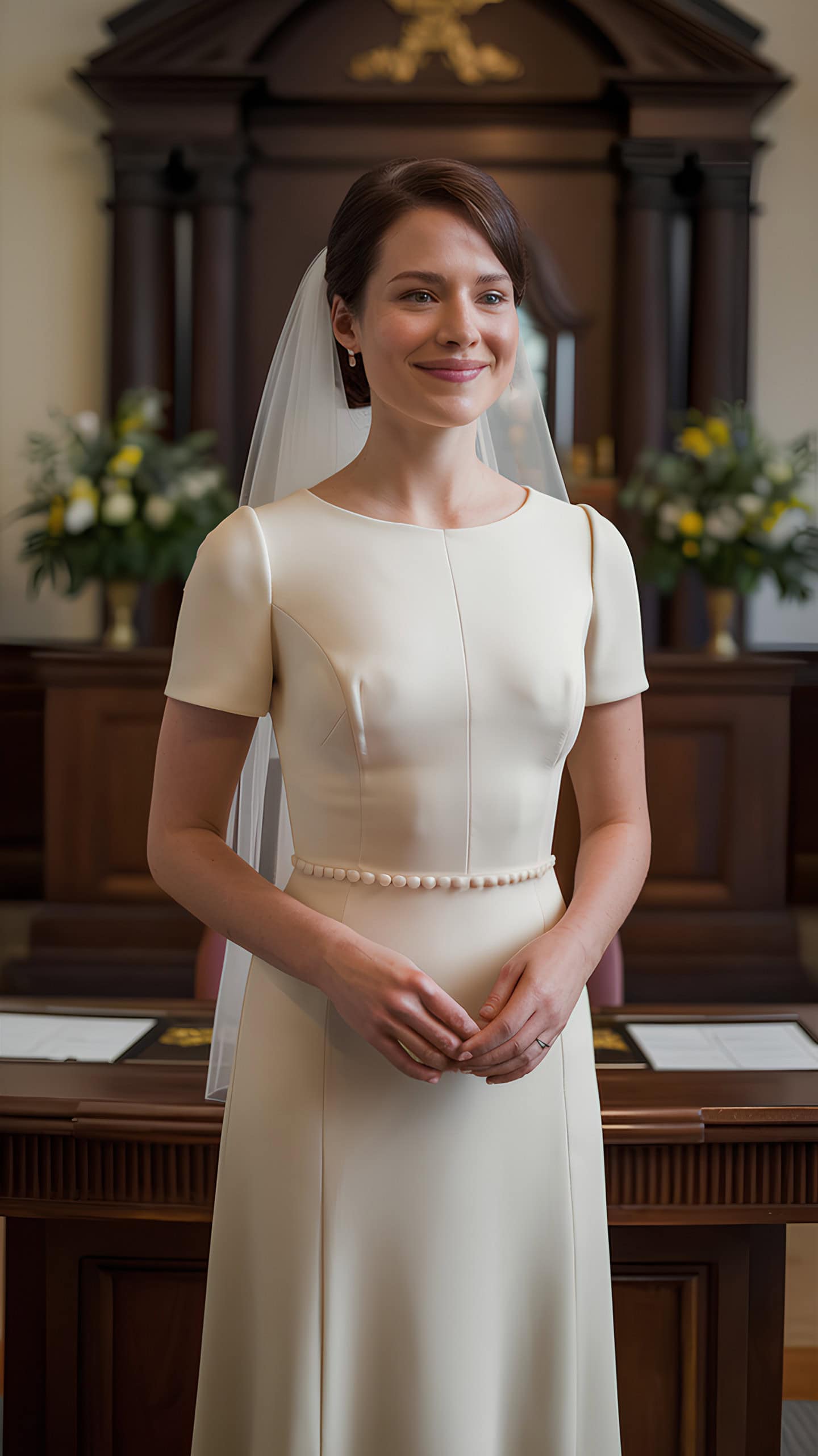 Bride in a Short Sleeve Crepe Dress